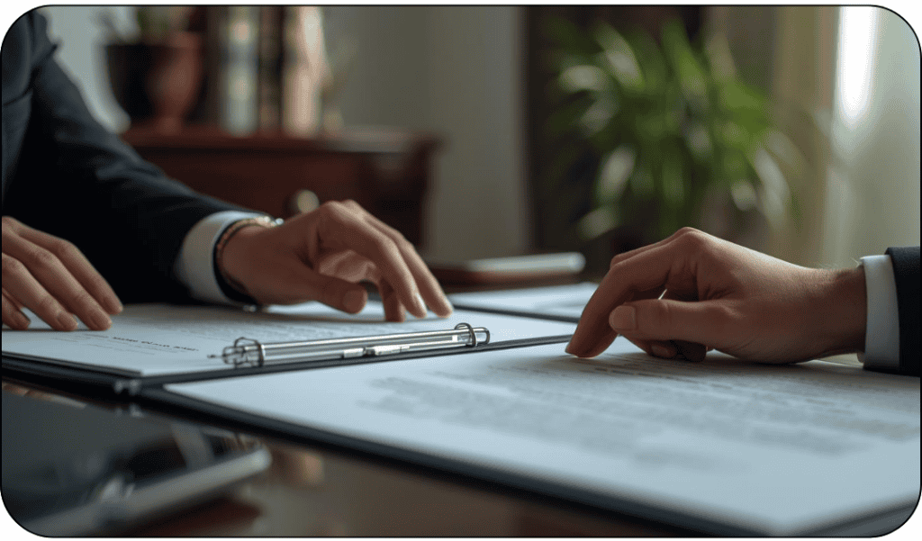 Avocat et client échangeant sur un document juridique lors d'un rendez-vous de conseil