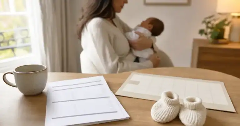 Relevé de carrière, calendrier et chaussons de bébé sur une table : le congé de naissance et ses effets sur la retraite