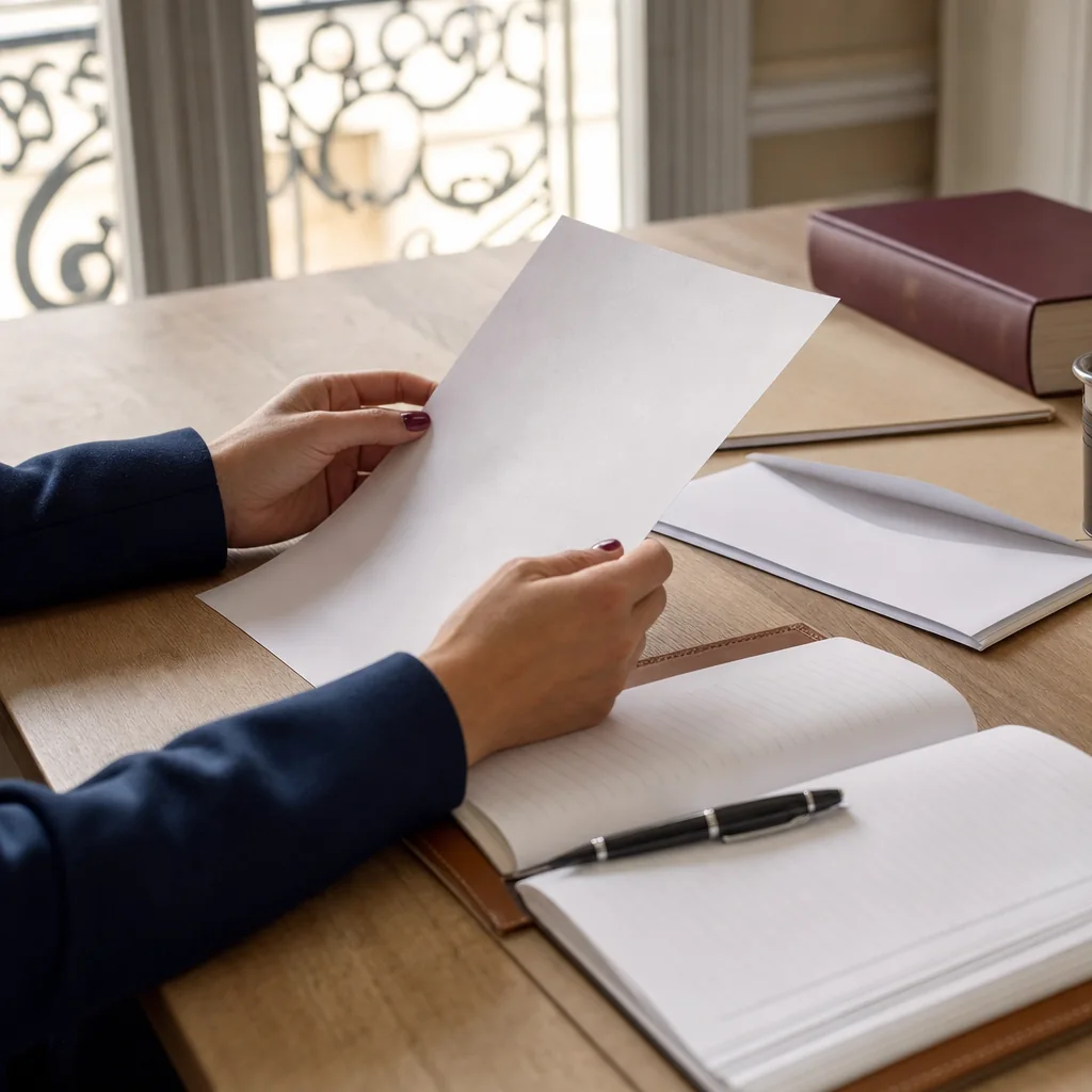 Une salariée relit une lettre reçue de son employeur, sur un bureau